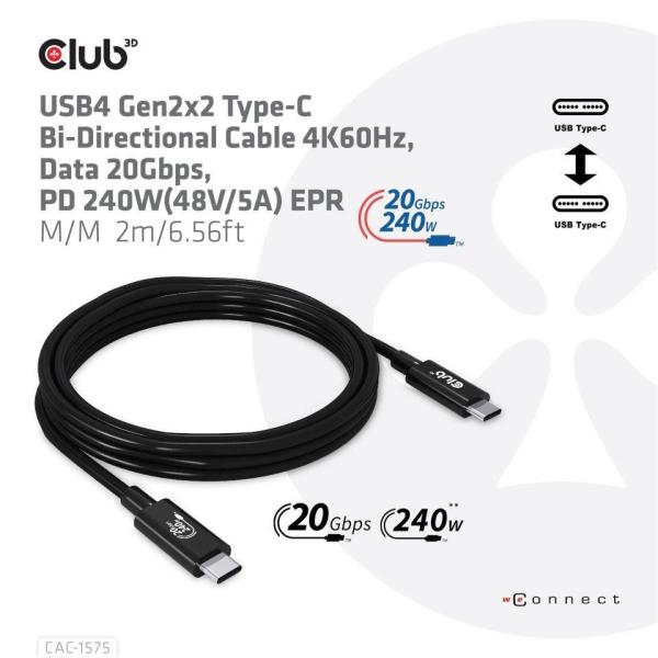 Club3D kabel USB4 Gen2x2 Typ-C, Oboustranný USB-IF Certifikovaný data kabel, Data 20Gbps, PD 240W(48V/5A) EPR M/M 2m1