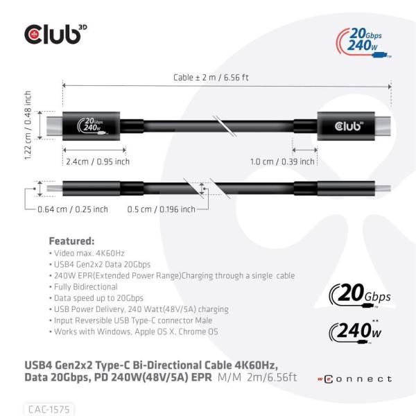 Club3D kabel USB4 Gen2x2 Typ-C, Oboustranný USB-IF Certifikovaný data kabel, Data 20Gbps, PD 240W(48V/5A) EPR M/M 2m2