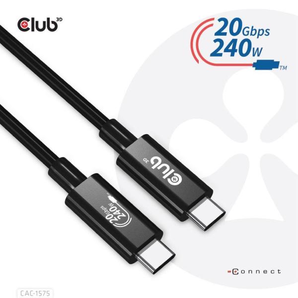 Club3D kabel USB4 Gen2x2 Typ-C, Oboustranný USB-IF Certifikovaný data kabel, Data 20Gbps, PD 240W(48V/5A) EPR M/M 2m5