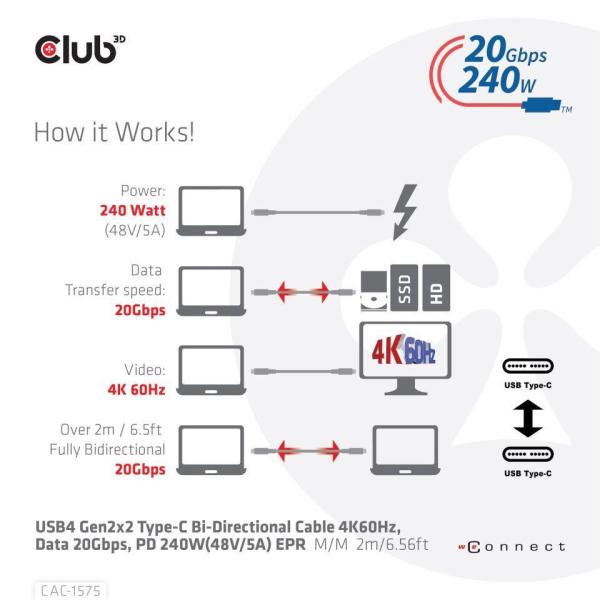 Club3D kabel USB4 Gen2x2 Typ-C, Oboustranný USB-IF Certifikovaný data kabel, Data 20Gbps, PD 240W(48V/5A) EPR M/M 2m4