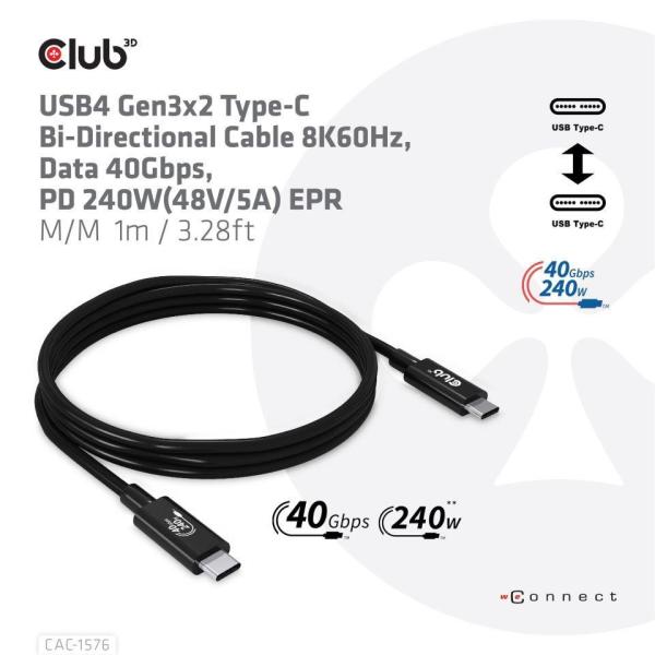 Club3D kabel USB4 Gen3x2 Typ-C,  Oboustranný USB-IF Certifikovaný data kabel,  Data 40Gbps,  PD 240W(48V/ 5A) EPR M/ M 1m4