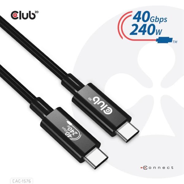 Club3D kabel USB4 Gen3x2 Typ-C,  Oboustranný USB-IF Certifikovaný data kabel,  Data 40Gbps,  PD 240W(48V/ 5A) EPR M/ M 1m2