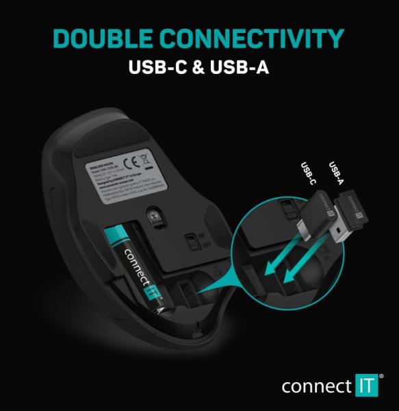 CONNECT IT Dual SmartSwitch bezdrátová myš,  USB-A + C (+1x AA baterie zdarma),  šedá5