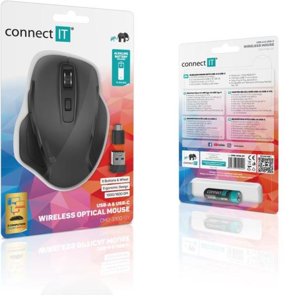 CONNECT IT Dual SmartSwitch bezdrátová myš,  USB-A + C (+1x AA baterie zdarma),  šedá6