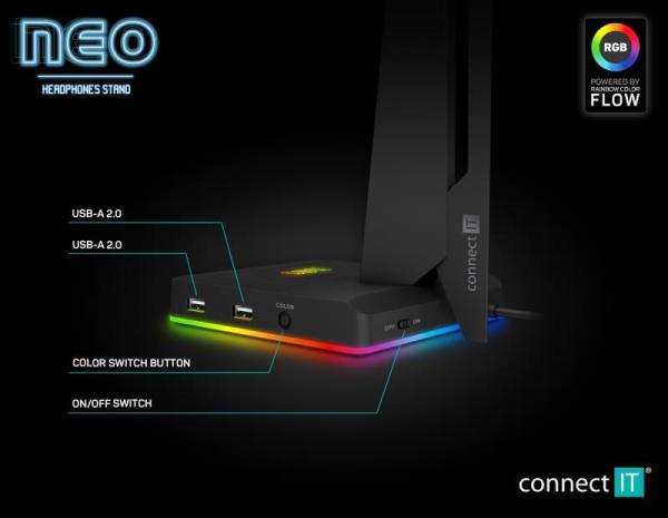 CONNECT IT NEO Stand-It RGB stojan na slúchadlá + rozbočovač USB,  čierny3