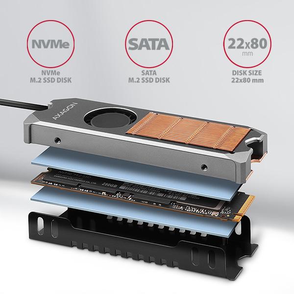 AXAGON CLR-M2FAN,  medený chladič s ventilátorom pre jedno aj obojstranný M.2 SSD disk,  výška 13 mm1