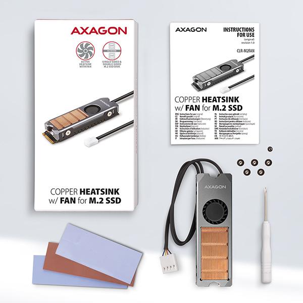 AXAGON CLR-M2FAN,  medený chladič s ventilátorom pre jedno aj obojstranný M.2 SSD disk,  výška 13 mm6