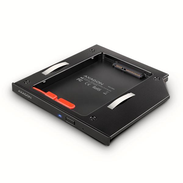 Rám AXAGON RSS-CD09 pre 2.5" SSD/ HDD na DVD,  9.5 mm,  LED,  hliník