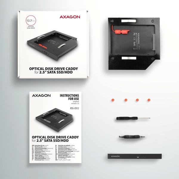 Rám AXAGON RSS-CD12 pre 2.5" SSD/ HDD na DVD,  12.7 mm,  LED,  hliník5