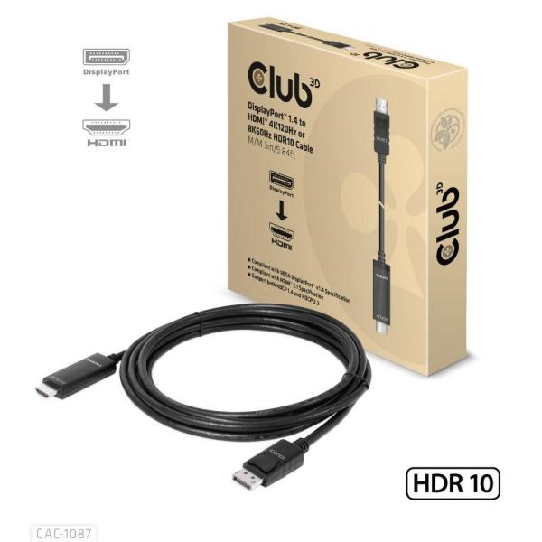 Club3D kábel DP 1.4 na HDMI,  4K120Hz alebo 8K60Hz HDR10,  M/ M,  3 m