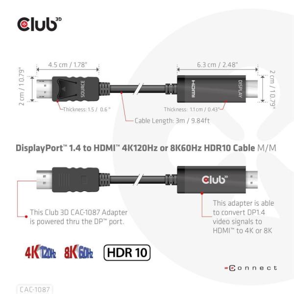 Club3D kábel DP 1.4 na HDMI, 4K120Hz alebo 8K60Hz HDR10, M/M, 3 m2