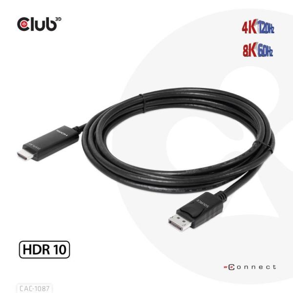 Club3D kábel DP 1.4 na HDMI,  4K120Hz alebo 8K60Hz HDR10,  M/ M,  3 m4