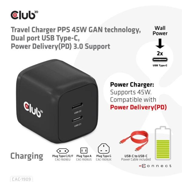 Cestovná nabíjačka Club3D PPS 45W technológia GAN,  dvojportový USB Type-C,  Power Delivery(PD) 3.0 Podpora0