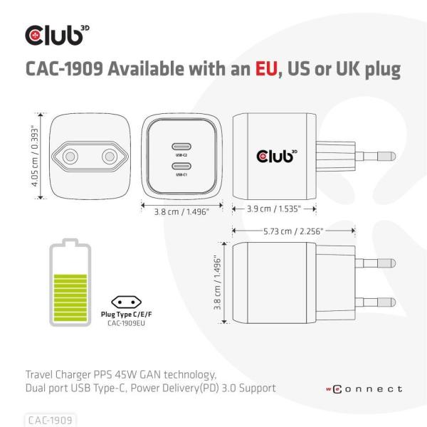 Cestovná nabíjačka Club3D PPS 45W technológia GAN,  dvojportový USB Type-C,  Power Delivery(PD) 3.0 Podpora4