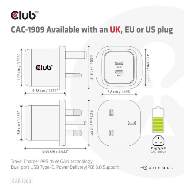 Cestovná nabíjačka Club3D PPS 45W technológia GAN,  dvojportový USB Type-C,  Power Delivery(PD) 3.0 Podpora7
