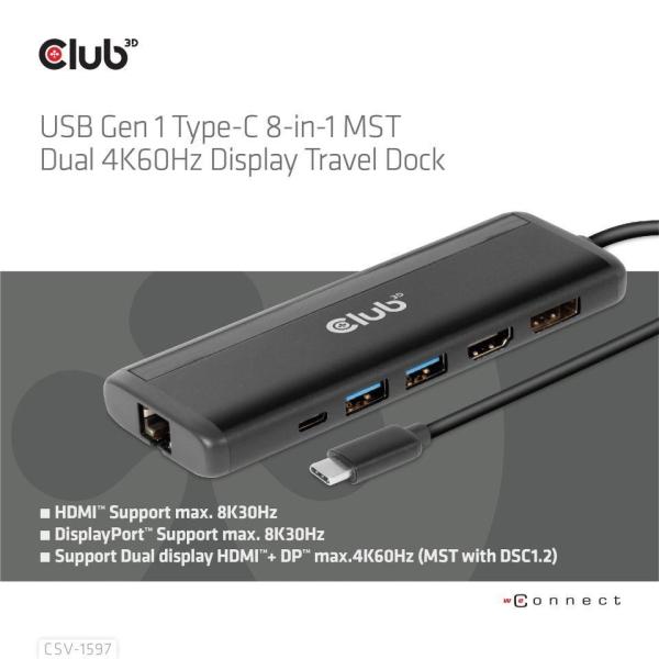 Club3D Dokovací stanice USB-C,  8-in-1 MST Dual (1x HDMI/ 1x DP) 4K60Hz,  Display Travel Dock6