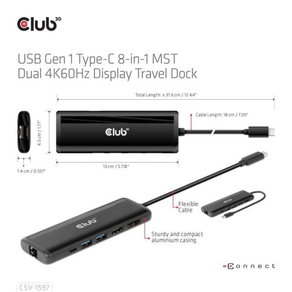 Club3D Dokovací stanice USB-C,  8-in-1 MST Dual (1x HDMI/ 1x DP) 4K60Hz,  Display Travel Dock5