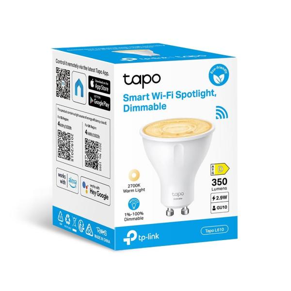 TP-Link Tapo L610 chytrá WiFi stmívatelná LED žárovka (bílá, 2700K, 350lm, 2, 4GHz, GU10)1