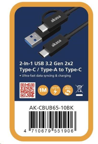 AKASA kabel 2-In-1 USB 3.2 Gen 2x2 Type-C /  Type-A na Type-C,  20G,  1m