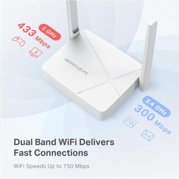 MERCUSYS MR20 WiFi5 router (AC750,  2, 4GHz/ 5GHz, 1x100Mb/ s WAN,  2x100Mb/ s LAN)3