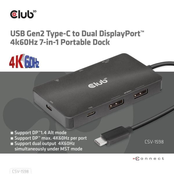 Club3D Dokovací stanice USB Gen2 Type-C na Dual DisplayPort 4k60Hz 7-in-1 Portable Dock1