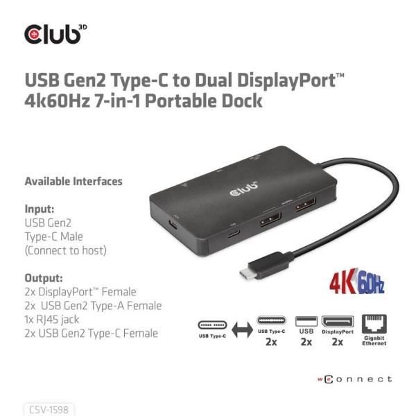 Club3D Dokovací stanice USB Gen2 Type-C na Dual DisplayPort 4k60Hz 7-in-1 Portable Dock2
