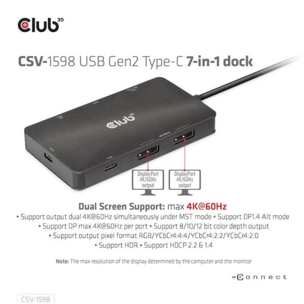 Club3D Dokovací stanice USB Gen2 Type-C na Dual DisplayPort 4k60Hz 7-in-1 Portable Dock5