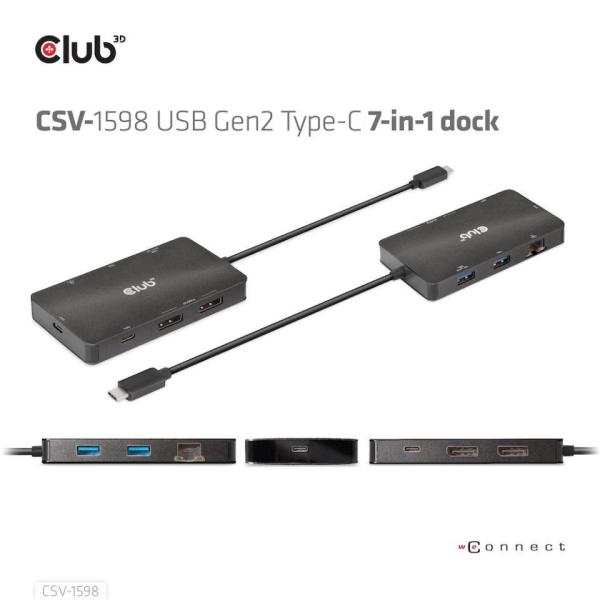 Club3D Dokovací stanice USB Gen2 Type-C na Dual DisplayPort 4k60Hz 7-in-1 Portable Dock6