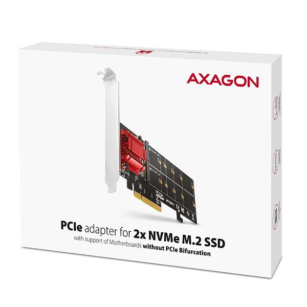 AXAGON PCEM2-ND,  PCIe x8 radič - 2x M.2 NVMe M-key slot,  RAID,  podpora dosiek bez bifurkace,  vr. LP7