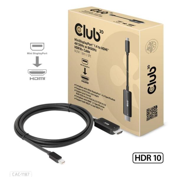 Club3D kabel miniDP 1.4 na HDMI,  4K120Hz nebo 8K60Hz HDR10+,  M/ M,  1.8m