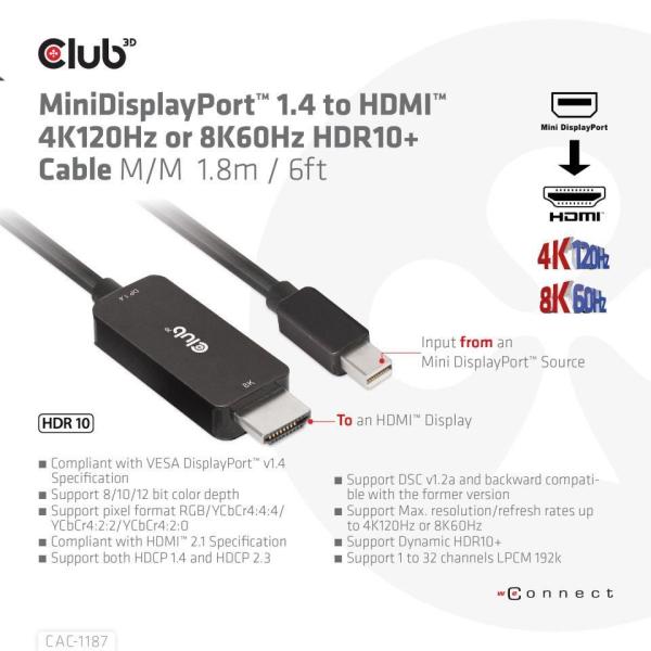 Club3D kabel miniDP 1.4 na HDMI, 4K120Hz nebo 8K60Hz HDR10+, M/M, 1.8m2