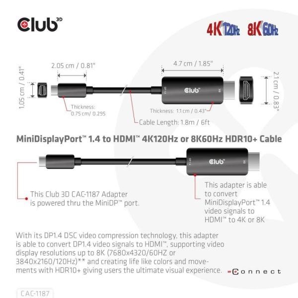 Club3D kabel miniDP 1.4 na HDMI, 4K120Hz nebo 8K60Hz HDR10+, M/M, 1.8m3