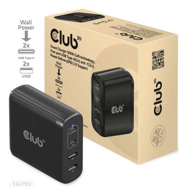 Club3D cestovní nabíječka 100W GAN technologie,  2xUSB-A a 2xUSB-C,  PD 3.0 Support