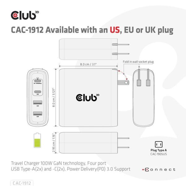 Club3D cestovní nabíječka 100W GAN technologie, 2xUSB-A a 2xUSB-C, PD 3.0 Support6
