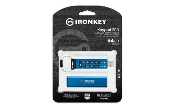 Kingston IronKey Keypad 200/ 64GB/ USB 3.2/ USB-A/ Modrá0