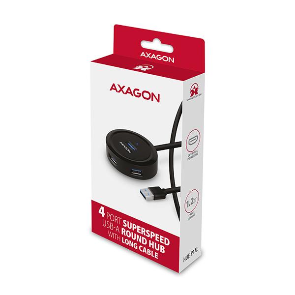 AXAGON HUE-P1AL,  4x USB 3.2 Gen 1 ROUND hub,  micro USB napájací konektor,  kábel USB-A 1.2 m1