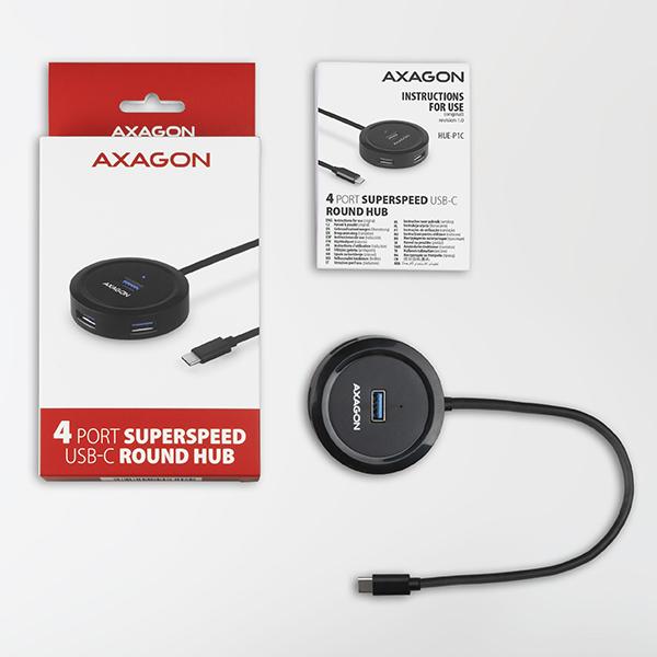 AXAGON HUE-P1C,  4x USB 3.2 Gen 1 ROUND hub,  micro USB napájací konektor,  kábel USB-C 30cm1