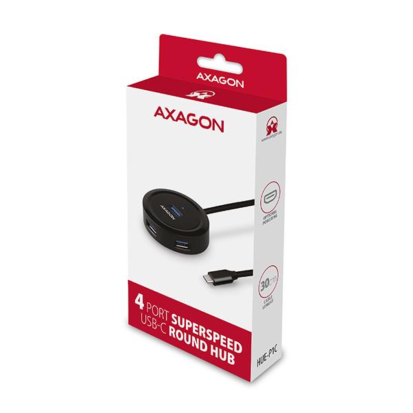 AXAGON HUE-P1C,  4x USB 3.2 Gen 1 ROUND hub,  micro USB napájací konektor,  kábel USB-C 30cm2