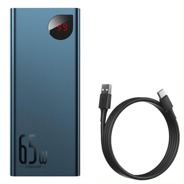 Baseus Adaman Metal Power Banka s digitálním displejem QC + PD 20000mAh 65W,  modrá + USB-A/ USB-C kabel 30cm,  černá