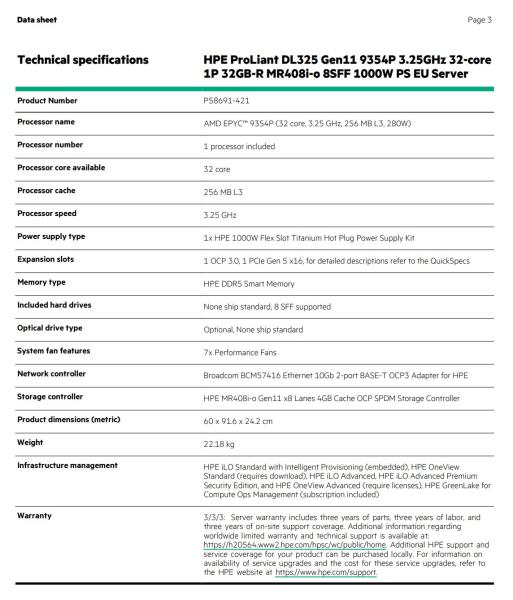 HPE PL DL325g11 AMD Epyc 9354P (3.3G/ 32C) 1x32G (P50311) MR408i-o/ 4G 8SFF 1100W 2x10Gocp3