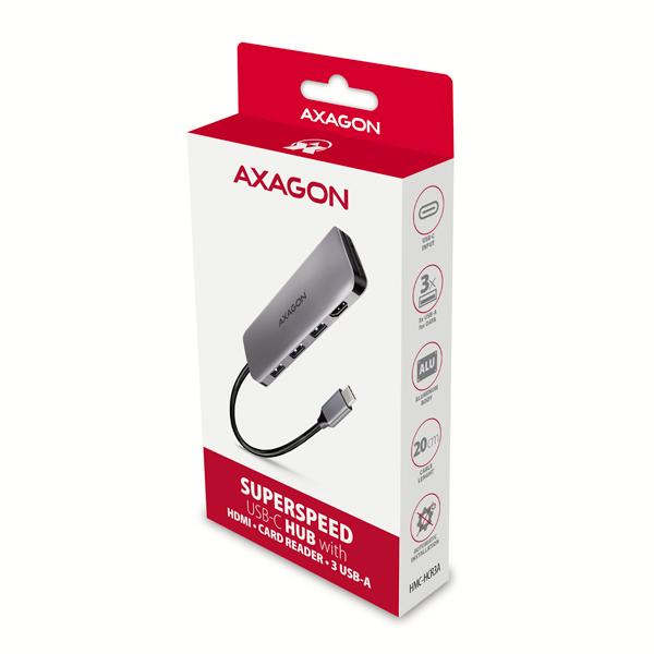 AXAGON HMC-HCR3A,  USB 3.2 Gen 1 hub,  3x USB-A porty,  HDMI 4k/ 30Hz,  SD/ microSD,  USB-C kábel 20cm8