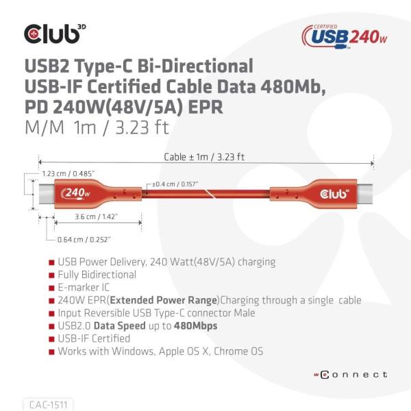 Club3D kabel USB-C,  Oboustranný USB-IF Certifikovaný data kabel,  PD 240W(48V/ 5A) EPR M/ M 1m2