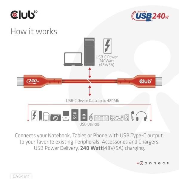 Club3D kabel USB-C,  Oboustranný USB-IF Certifikovaný data kabel,  PD 240W(48V/ 5A) EPR M/ M 1m3