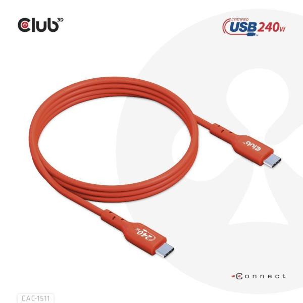 Club3D kabel USB-C,  Oboustranný USB-IF Certifikovaný data kabel,  PD 240W(48V/ 5A) EPR M/ M 1m4