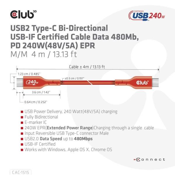 Club3D kabel USB-C,  Oboustranný USB-IF Certifikovaný data kabel,  PD 240W(48V/ 5A) EPR M/ M 4m5
