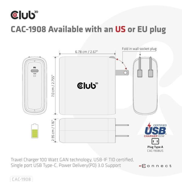 Club3D cestovní nabíječka 100W GAN technologie, USB-IF TID certified, USB Type-C, Power Delivery(PD) 3.0 Support2