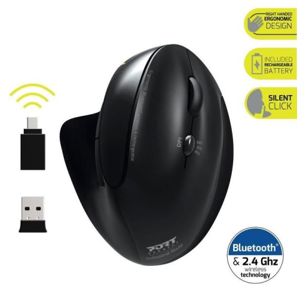 PORT vertikální bezdrátová ergonomická myš,  BT,  2, 4 GHz,  USB-A/ C,  pro praváky,  černá