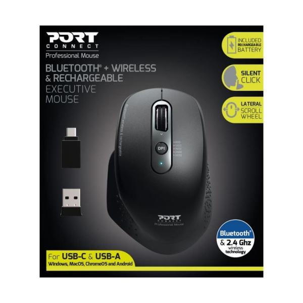 PORT dobíjecí myš s duálním bezdrátovým připojením, BT, 2,4 GHz, USB-A/C, černá2