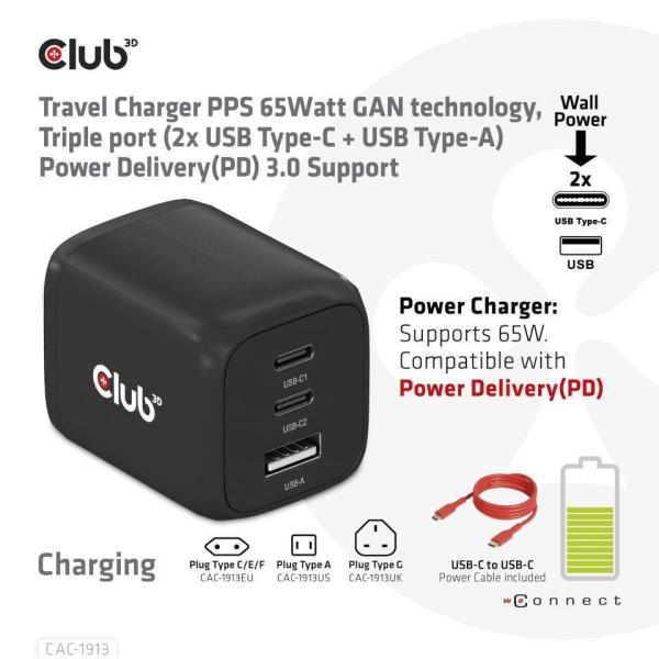 Club3D cestovní nabíječka 65W GAN technologie, 3 porty (2xUSB-C + USB-A), PPS, Power Delivery(PD) 3.0 Support4