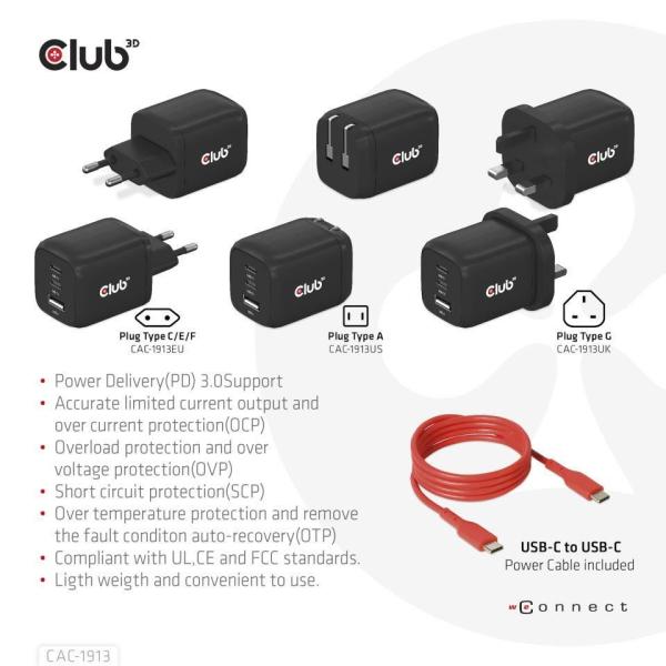 Club3D cestovní nabíječka 65W GAN technologie, 3 porty (2xUSB-C + USB-A), PPS, Power Delivery(PD) 3.0 Support5